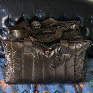 JOAN & DAVID Metallic Brown-Olive Tubular Quilted Puffer Duffel Travel Bag